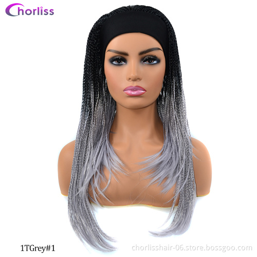 Wholesale Long Black Blonde Ombre  Braids headband Wig Braiding Turban Wig Synthetic Wigs With Headband Attached For black Woman
